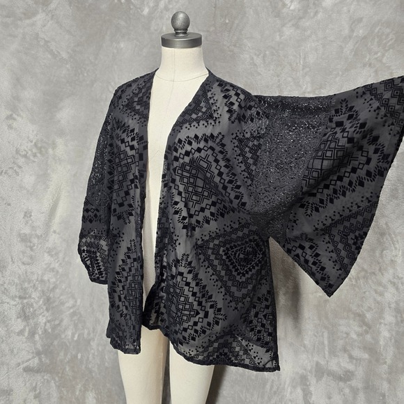 Hollister Sweaters - Hollister Kimono Cardigan Women OS Black Lace Geometric Open Front Whimsigoth
